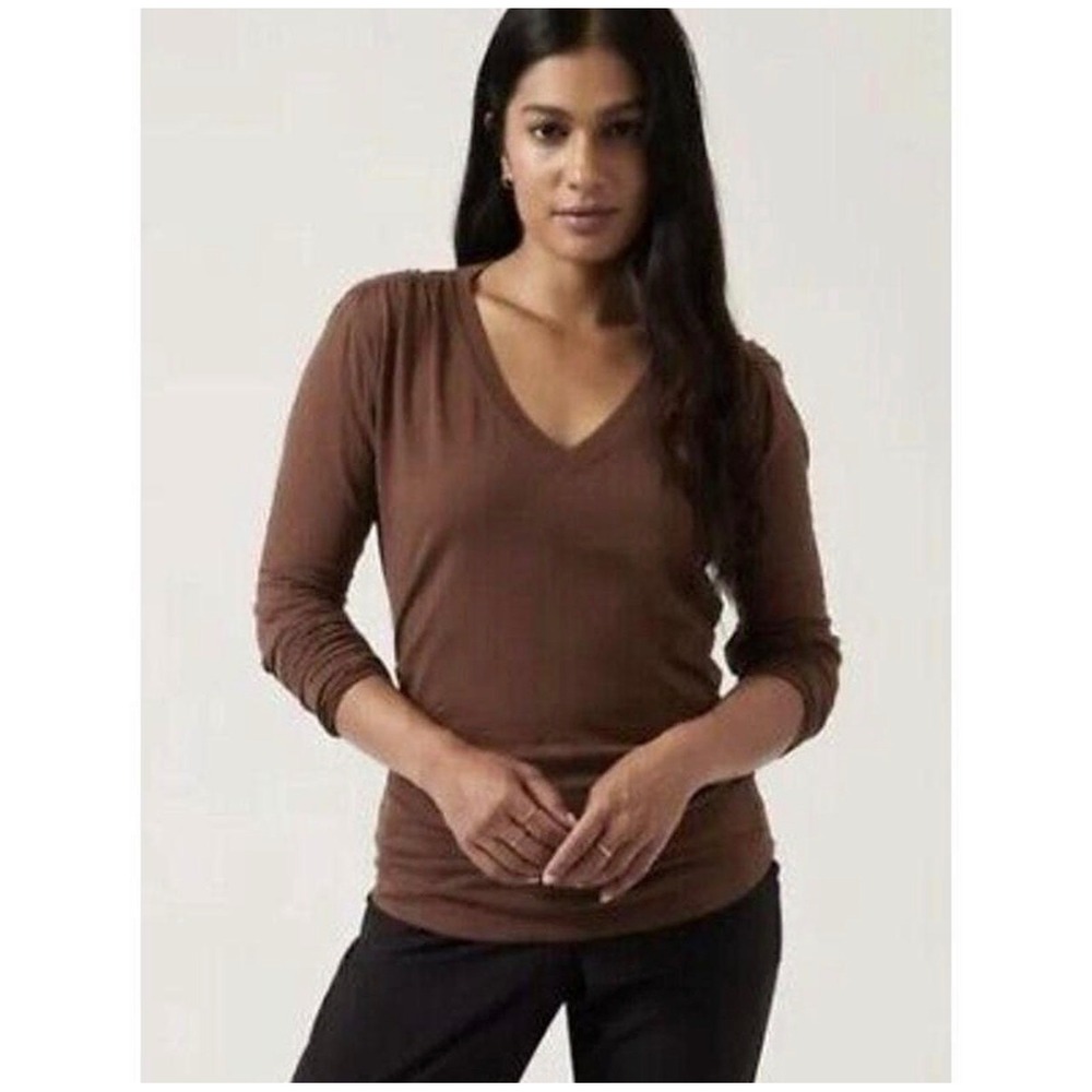 Athleta V-Neck Long Sleeve Ruched Top Brown 882374-02 Size Small Stretchy